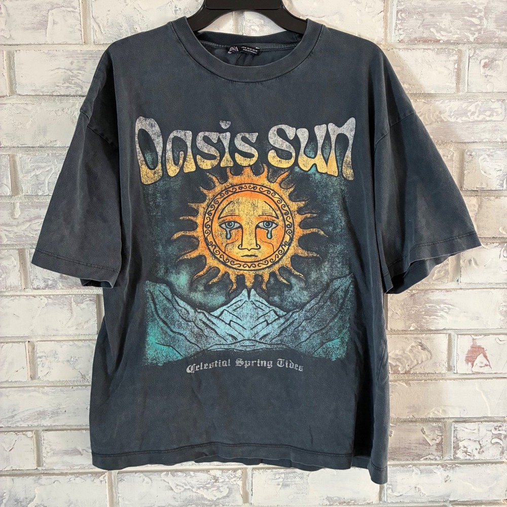 ZARA Washed Graphic Tee Y2K Grunge Streetwear Sun Mountain Faded Black M